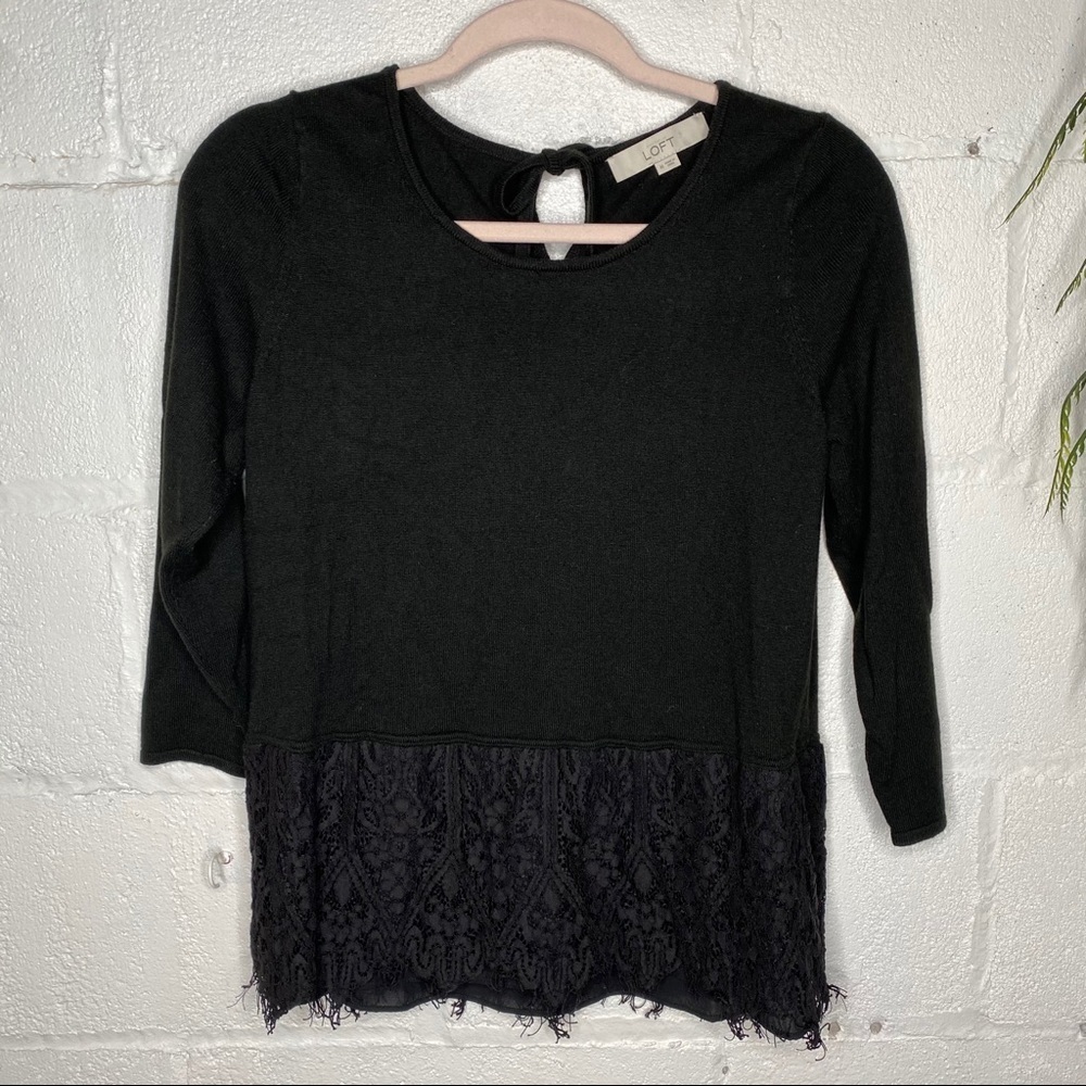 Loft Black Knit & Lace Peplum Hem 3/4 Sleeve Sweater Size Medium